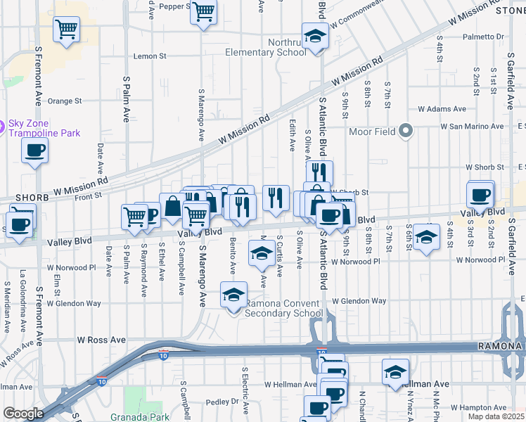 map of restaurants, bars, coffee shops, grocery stores, and more near 1221 Marguerita Avenue in Alhambra