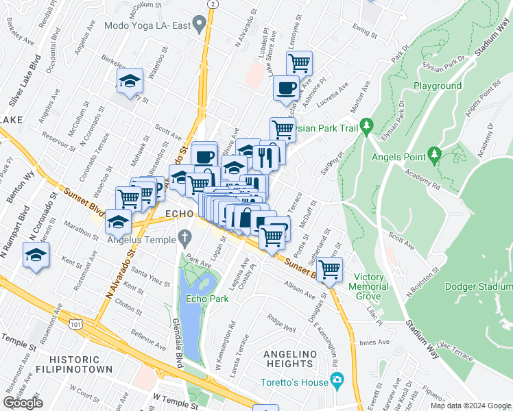 map of restaurants, bars, coffee shops, grocery stores, and more near 1615 Montana Street in Los Angeles
