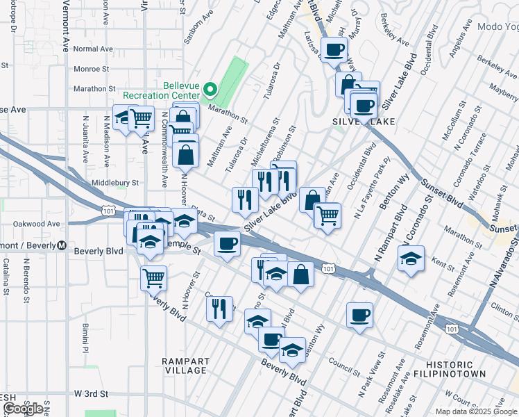 map of restaurants, bars, coffee shops, grocery stores, and more near in Los Angeles