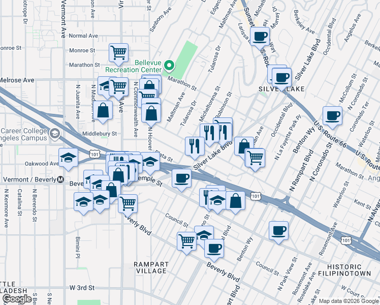 map of restaurants, bars, coffee shops, grocery stores, and more near 3317 London Street in Los Angeles