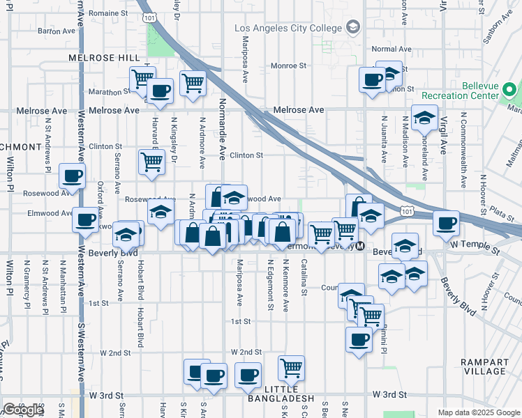 map of restaurants, bars, coffee shops, grocery stores, and more near 4205 Alexandria Place in Los Angeles