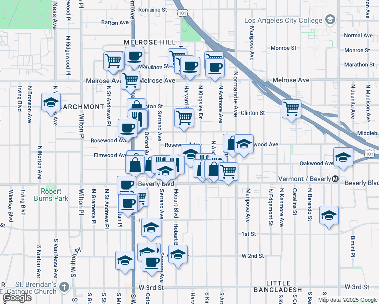 map of restaurants, bars, coffee shops, grocery stores, and more near 433 North Harvard Boulevard in Los Angeles