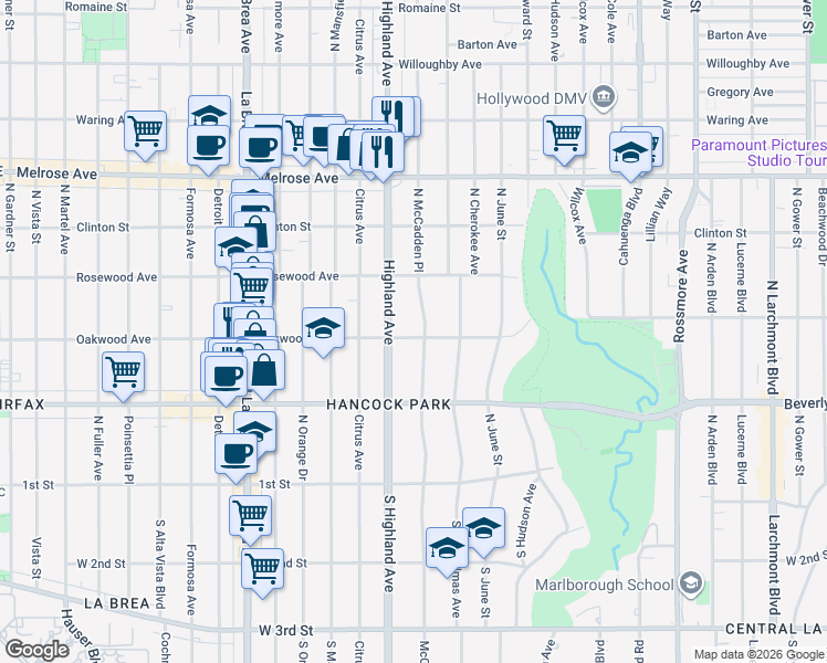 map of restaurants, bars, coffee shops, grocery stores, and more near in Los Angeles
