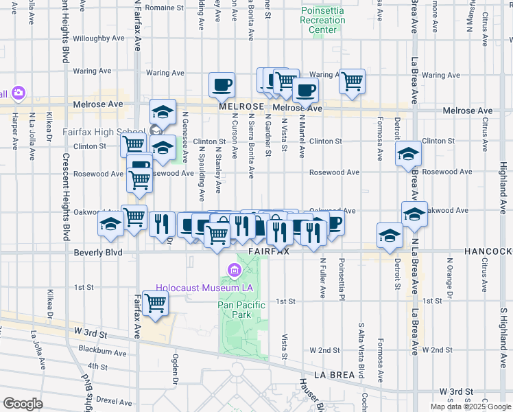 map of restaurants, bars, coffee shops, grocery stores, and more near 411 North Sierra Bonita Avenue in Los Angeles