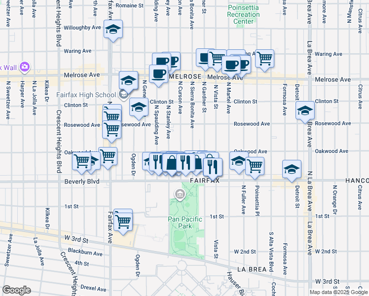 map of restaurants, bars, coffee shops, grocery stores, and more near 411 North Sierra Bonita Avenue in Los Angeles