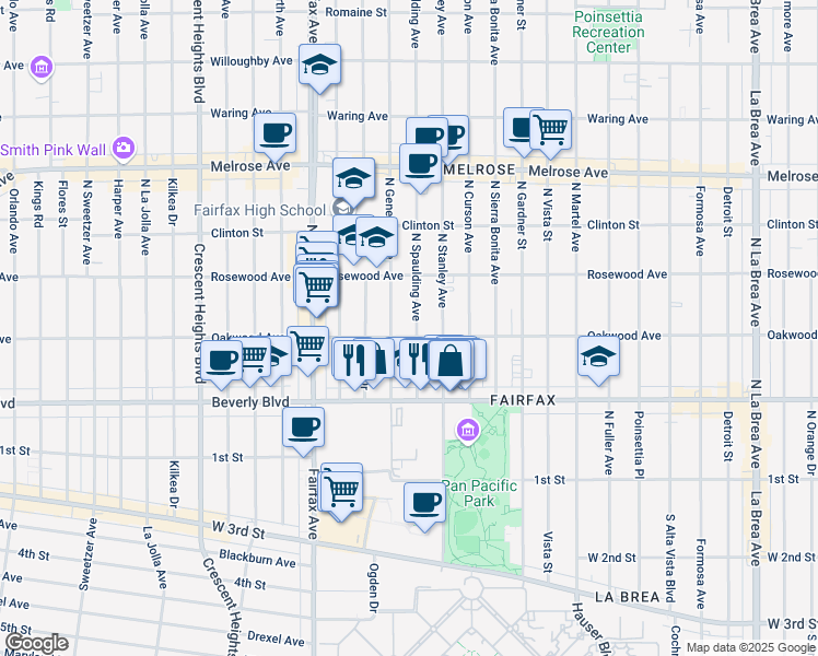 map of restaurants, bars, coffee shops, grocery stores, and more near 411 North Spaulding Avenue in Los Angeles