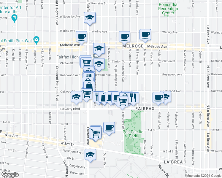 map of restaurants, bars, coffee shops, grocery stores, and more near 411 North Spaulding Avenue in Los Angeles