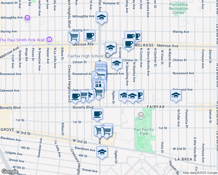 map of restaurants, bars, coffee shops, grocery stores, and more near 415 North Orange Grove Avenue in Los Angeles