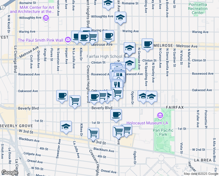 map of restaurants, bars, coffee shops, grocery stores, and more near 410 North Edinburgh Avenue in Los Angeles
