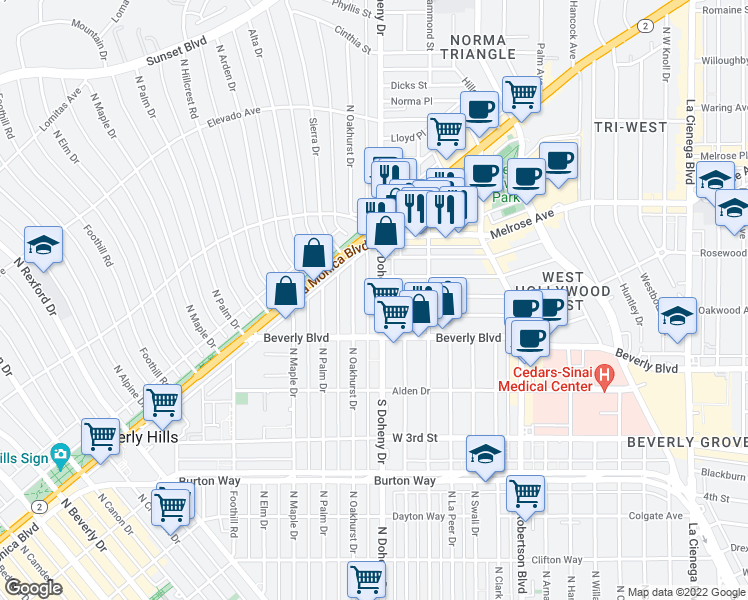 map of restaurants, bars, coffee shops, grocery stores, and more near 440 North Oakhurst Drive in Beverly Hills