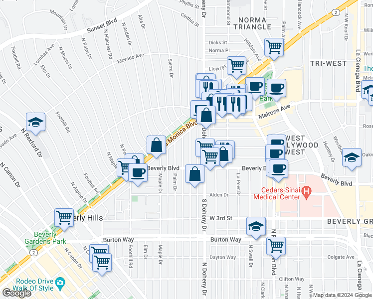 map of restaurants, bars, coffee shops, grocery stores, and more near 450 North Palm Drive in Beverly Hills