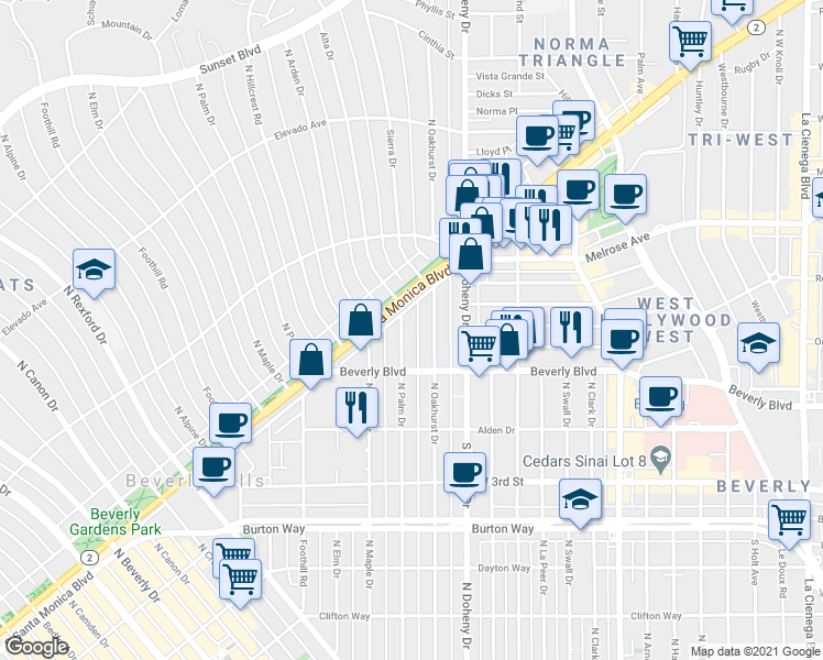 map of restaurants, bars, coffee shops, grocery stores, and more near 450 North Palm Drive in Beverly Hills
