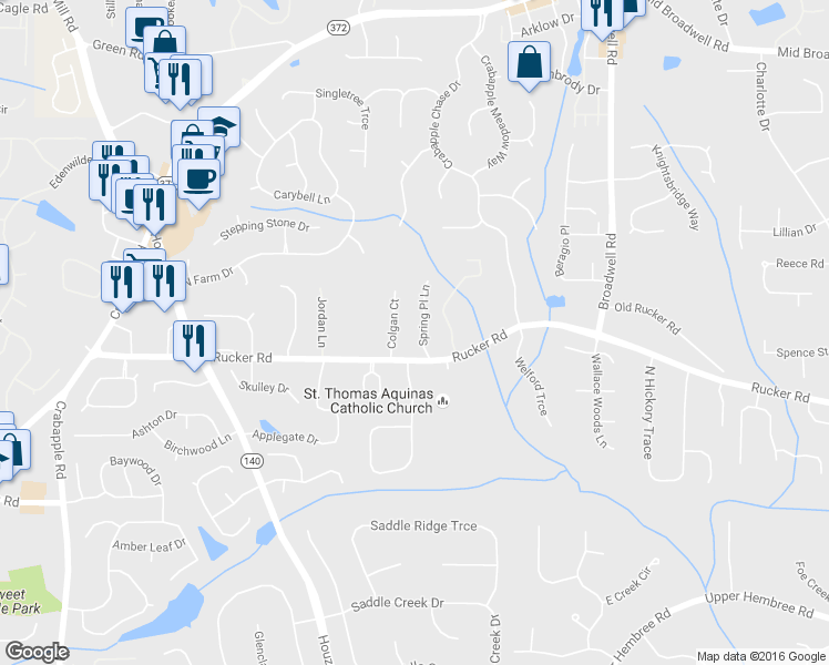 map of restaurants, bars, coffee shops, grocery stores, and more near 12170 Spring Place Lane in Alpharetta