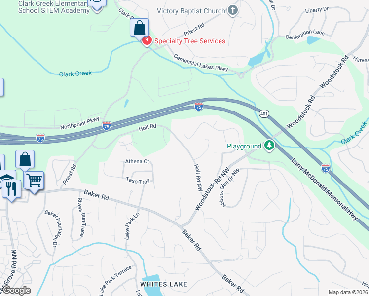 map of restaurants, bars, coffee shops, grocery stores, and more near 245 Woodcreek Way in Acworth