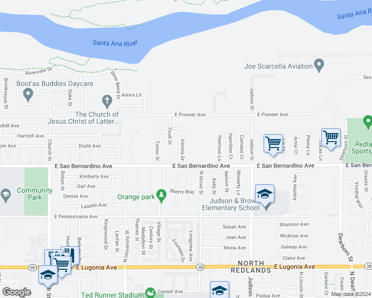 map of restaurants, bars, coffee shops, grocery stores, and more near 1660 Verona Drive in Redlands
