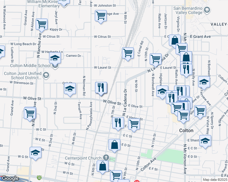 map of restaurants, bars, coffee shops, grocery stores, and more near 1157 North 7th Street in Colton