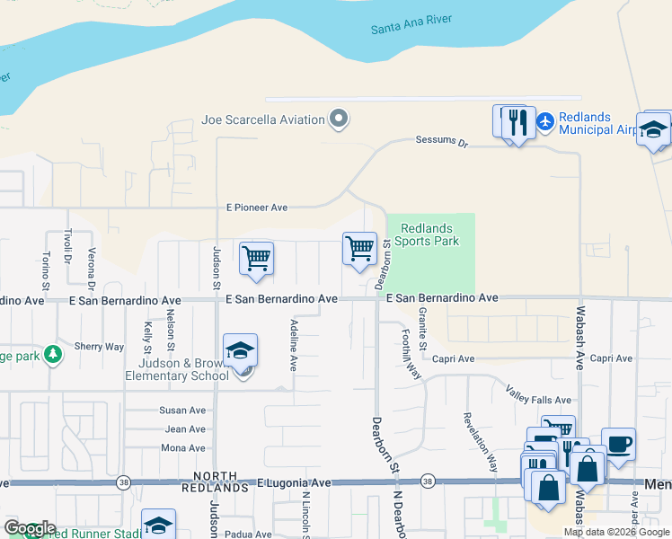 map of restaurants, bars, coffee shops, grocery stores, and more near 1650 Lucas Lane in Redlands