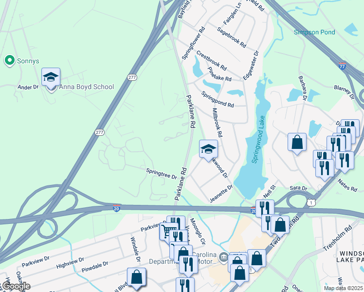 map of restaurants, bars, coffee shops, grocery stores, and more near 7499 Parklane Road in Columbia