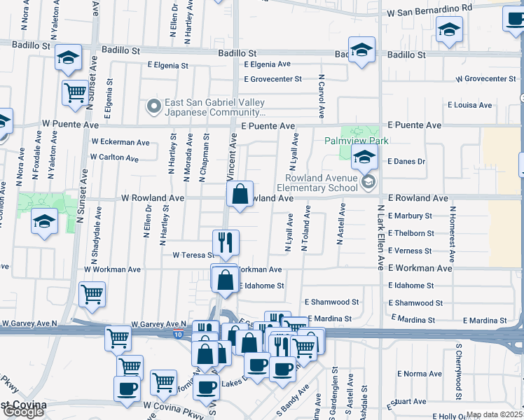 map of restaurants, bars, coffee shops, grocery stores, and more near 1059 East Marbury Street in West Covina