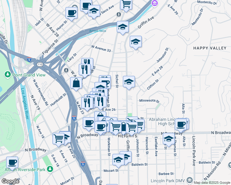 map of restaurants, bars, coffee shops, grocery stores, and more near 2667 Sichel Street in Los Angeles