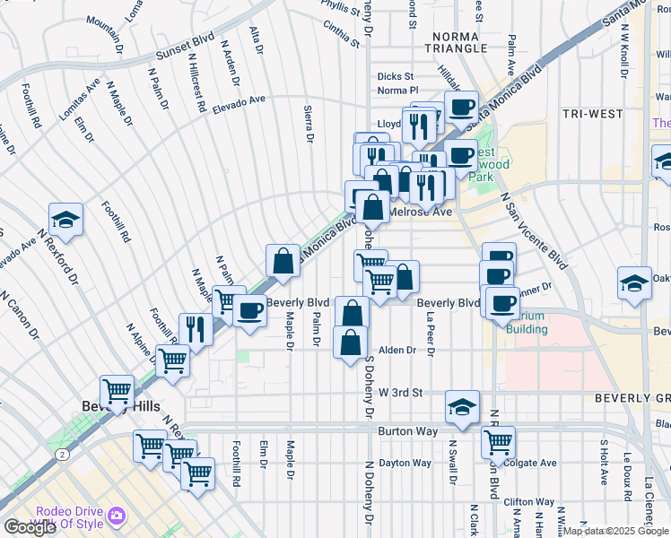 map of restaurants, bars, coffee shops, grocery stores, and more near 441 North Oakhurst Drive in Beverly Hills