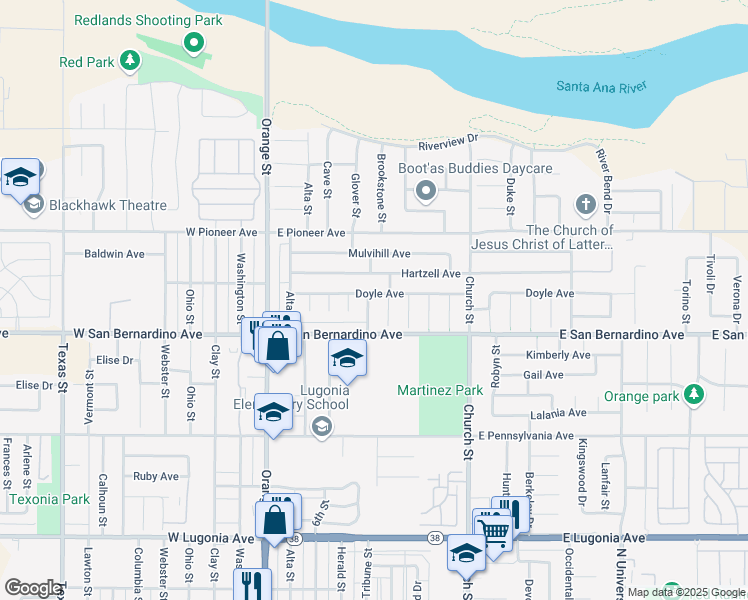 map of restaurants, bars, coffee shops, grocery stores, and more near 1632 Glover Street in Redlands