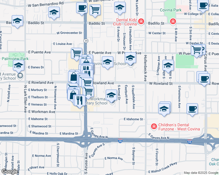 map of restaurants, bars, coffee shops, grocery stores, and more near 425 North Neil Street in West Covina