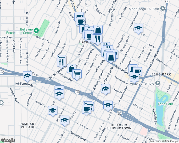 map of restaurants, bars, coffee shops, grocery stores, and more near 718 North La Fayette Park Place in Los Angeles