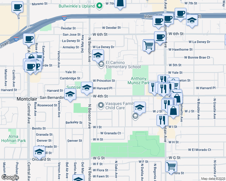 map of restaurants, bars, coffee shops, grocery stores, and more near 1415 West Harvard Place in Ontario