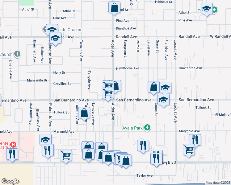 map of restaurants, bars, coffee shops, grocery stores, and more near 9653 Alder Avenue in Fontana