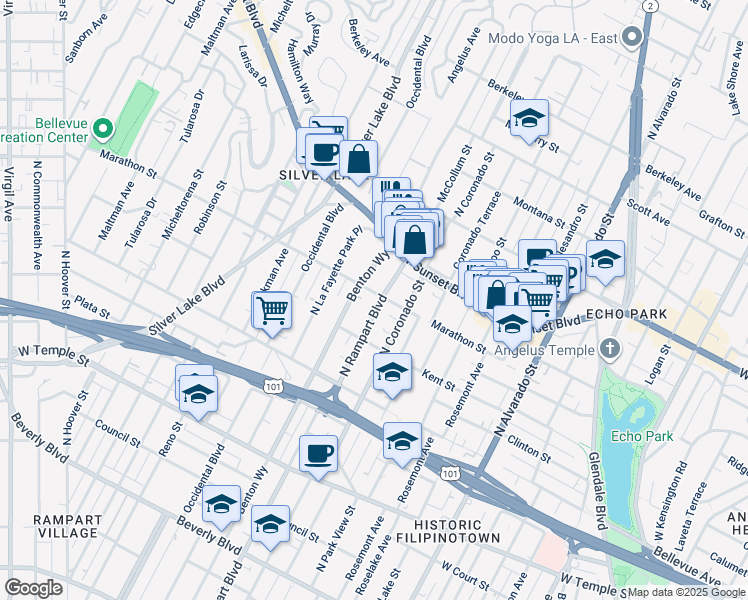 map of restaurants, bars, coffee shops, grocery stores, and more near 851 North Rampart Boulevard in Los Angeles