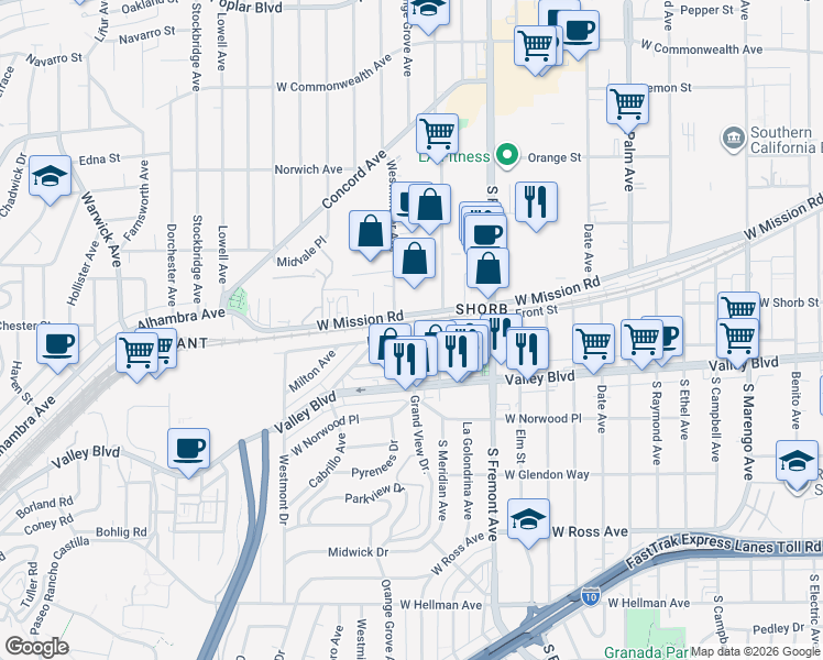 map of restaurants, bars, coffee shops, grocery stores, and more near 2905 Front Street in Alhambra