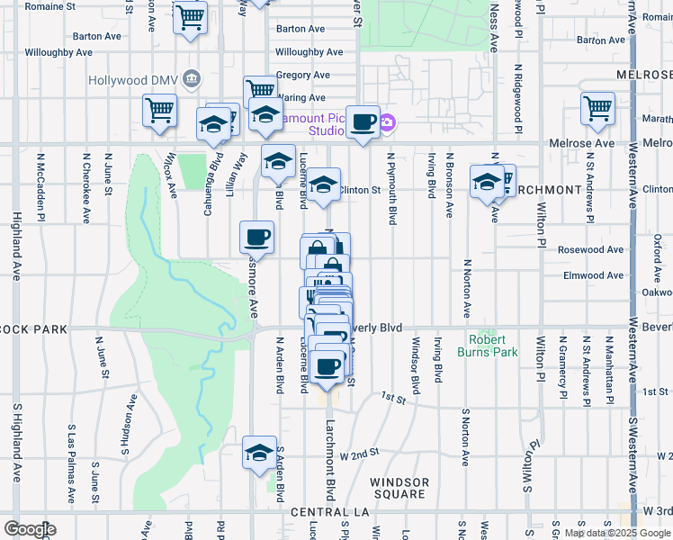 map of restaurants, bars, coffee shops, grocery stores, and more near 435 North Gower Street in Los Angeles