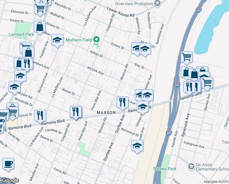 map of restaurants, bars, coffee shops, grocery stores, and more near 4313 Maxson Road in El Monte