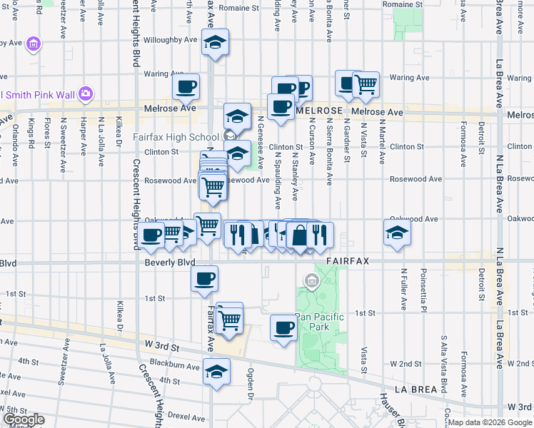 map of restaurants, bars, coffee shops, grocery stores, and more near 408 North Genesee Avenue in Los Angeles