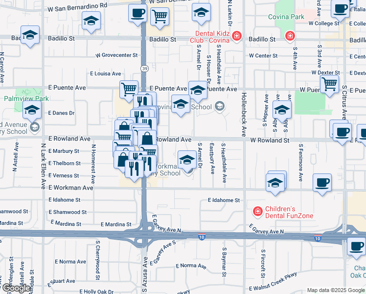 map of restaurants, bars, coffee shops, grocery stores, and more near 425 North Neil Street in West Covina