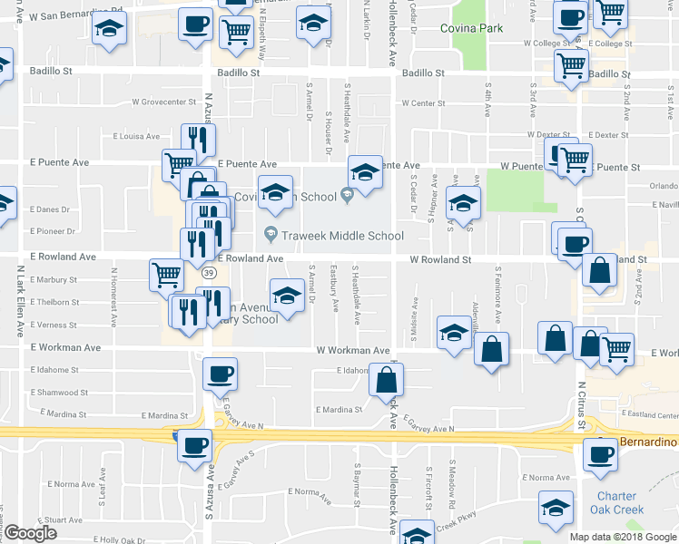 map of restaurants, bars, coffee shops, grocery stores, and more near 620 Eastbury Avenue in Covina