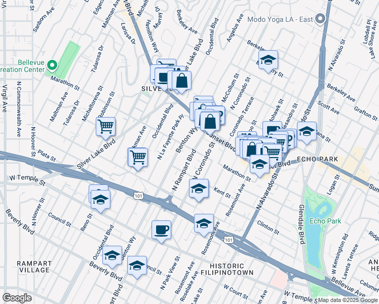 map of restaurants, bars, coffee shops, grocery stores, and more near 851 North Rampart Boulevard in Los Angeles
