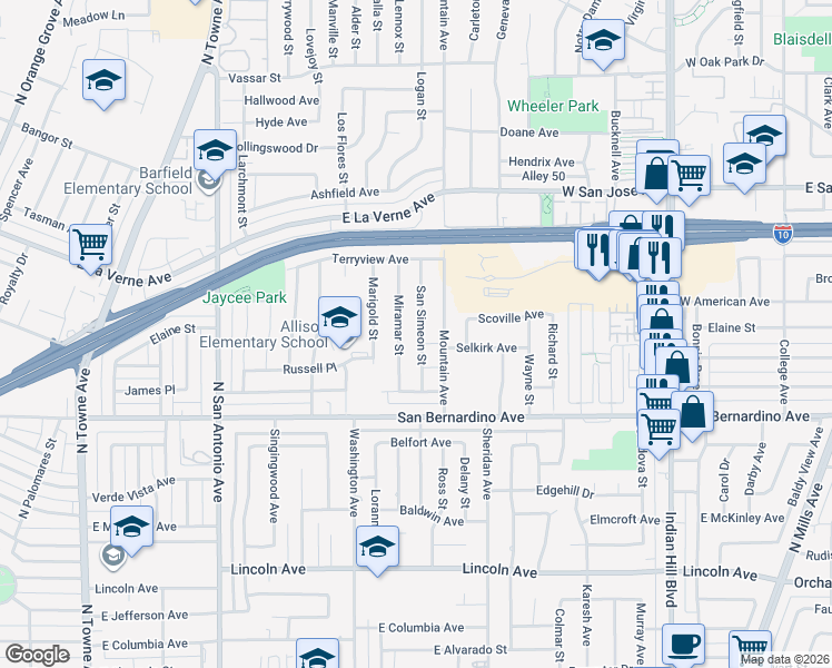 map of restaurants, bars, coffee shops, grocery stores, and more near 1923 San Simeon Street in Pomona