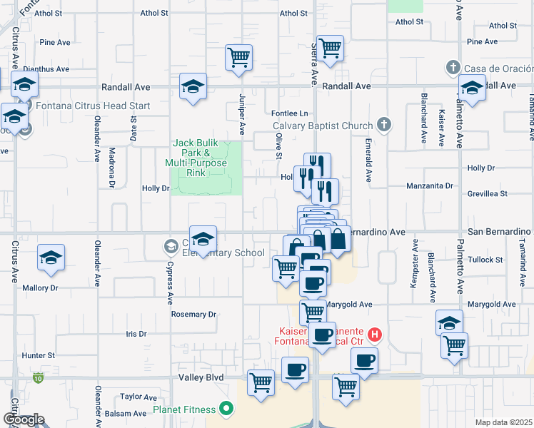 map of restaurants, bars, coffee shops, grocery stores, and more near Unnamed Road in Fontana