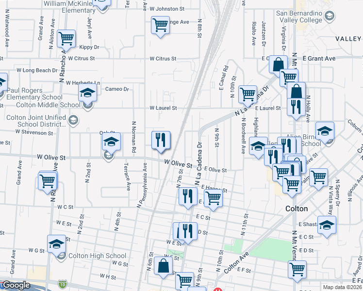 map of restaurants, bars, coffee shops, grocery stores, and more near 1157 North 7th Street in Colton
