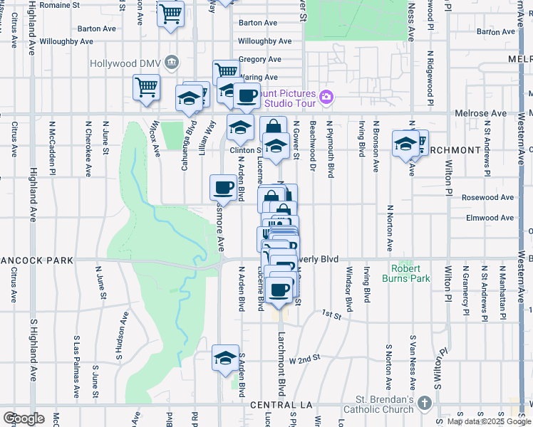 map of restaurants, bars, coffee shops, grocery stores, and more near 434 North Lucerne Boulevard in Los Angeles
