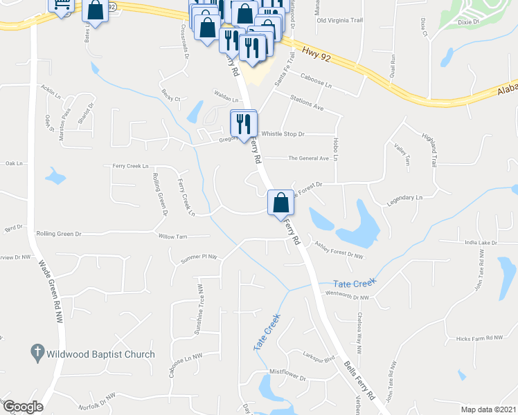 map of restaurants, bars, coffee shops, grocery stores, and more near 452 Bells Ferry Place in Acworth
