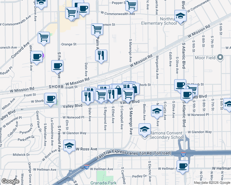 map of restaurants, bars, coffee shops, grocery stores, and more near 1221 South Ethel Avenue in Alhambra