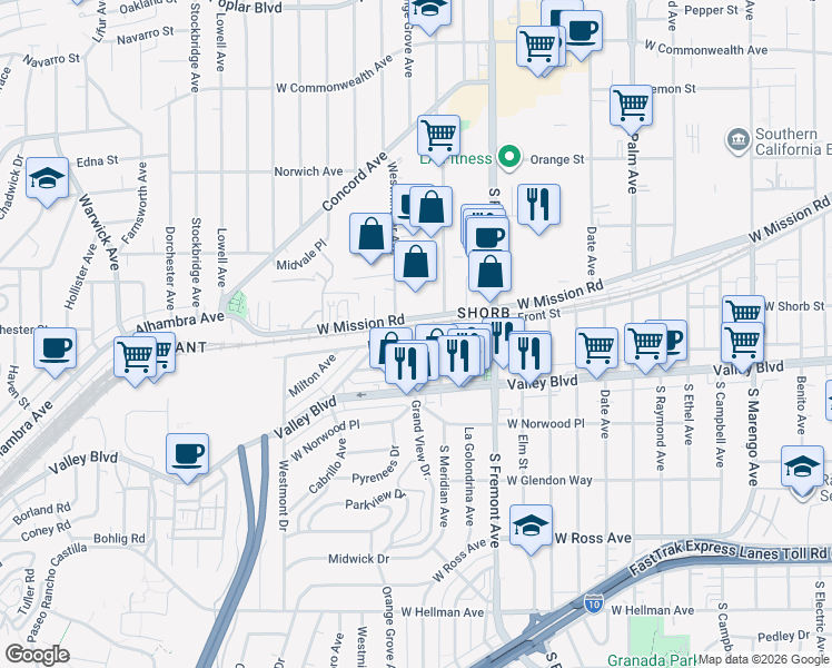 map of restaurants, bars, coffee shops, grocery stores, and more near 2905 Front Street in Alhambra