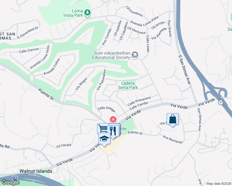 map of restaurants, bars, coffee shops, grocery stores, and more near 998 Calle Primavera in San Dimas