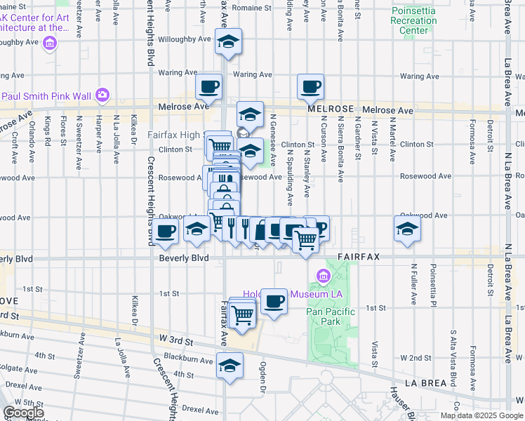 map of restaurants, bars, coffee shops, grocery stores, and more near 408 North Ogden Drive in Los Angeles