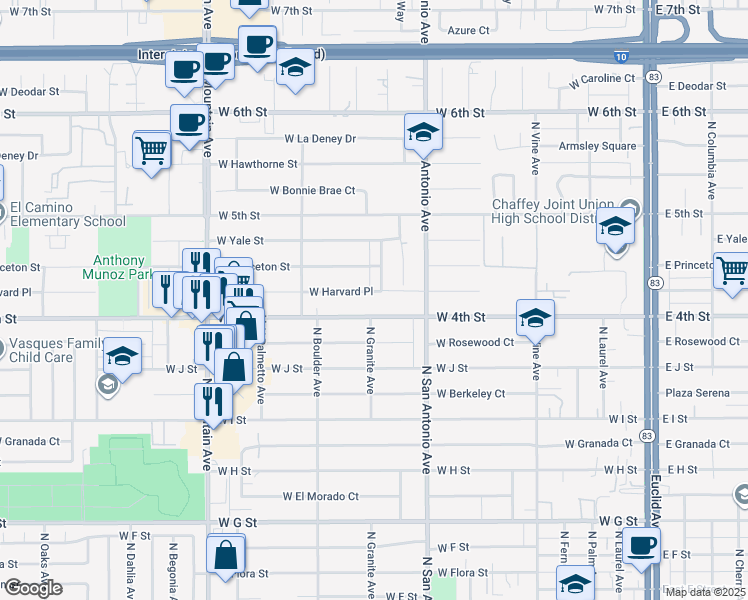 map of restaurants, bars, coffee shops, grocery stores, and more near 769 West Harvard Place in Ontario