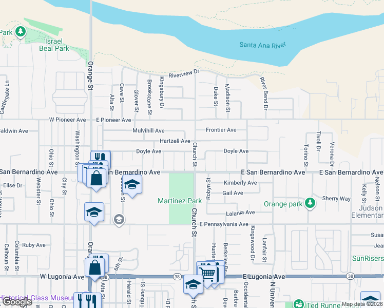map of restaurants, bars, coffee shops, grocery stores, and more near 1631 Church Street in Redlands