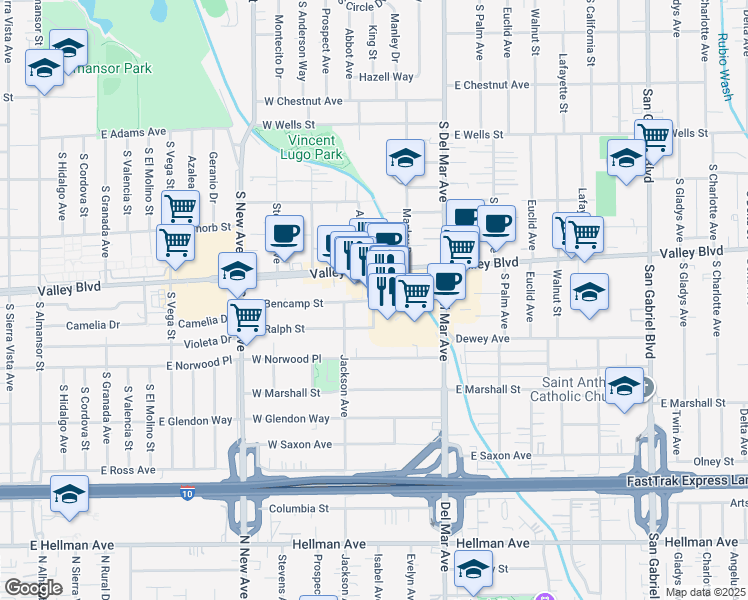 map of restaurants, bars, coffee shops, grocery stores, and more near Abbot Avenue & West Bencamp Street in San Gabriel